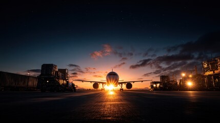 Plane on Runway at Twilight with Dramatic Sunset Lighting
