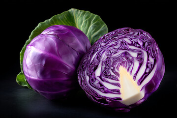 Fresh Red Cabbage Head and Cross Section on Dark Background Still Life