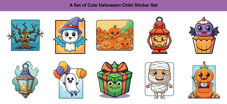 Cartoon Halloween characters are depicted in a series of cute sticker vectors with cheerful, spooky vibes