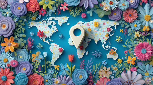Explore the vibrant flat design of a world map adorned with playful flowers and a prominent location pin. Healthy Aging Month