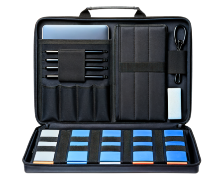 Black portable artist tool case with compartments for pens and erasers on a transparent background