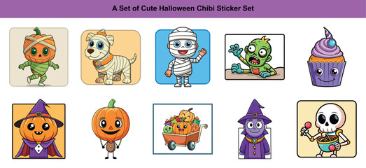 Fototapeta premium Diverse cartoon Halloween characters including a pumpkin, zombie, mummy, skeleton, cupcake, and more cheerfully