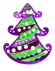 Stylized illustration of Christmas tree. Filled with various ornaments. Diamonds, circles, waves, zigzags. Different shades of purple, green, pink, blue color. Watercolor. Isolated on white background
