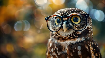 great horned owl with glasses looking forward