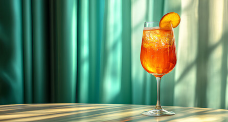 Aperol spritz cocktail in a wine glass on white table with soft curtain light