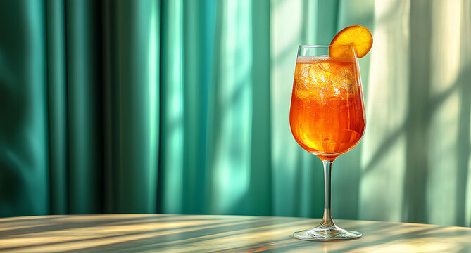 Aperol spritz cocktail in a wine glass on white table with soft curtain light