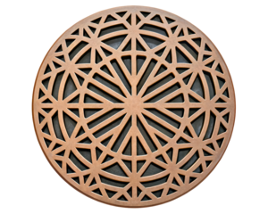 Round metal decorative grate with geometric starburst pattern design on a transparent background