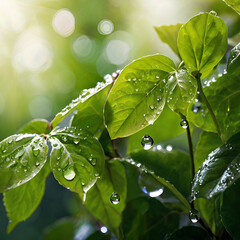 green leaves with water drops, AI generative 