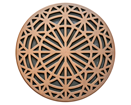 Round metal decorative grate with geometric starburst pattern design on a transparent background