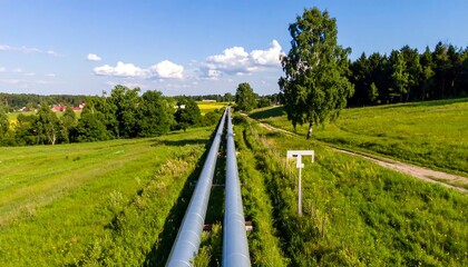 Pipes through landscape with green field.