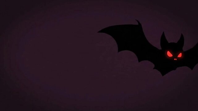 Silhouette of a black bat with red eyes against a dark purple background