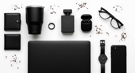 Flat lay of minimalist black personal accessories on white background, Modern business essentials with phone, watch, laptop, and other daily life items
