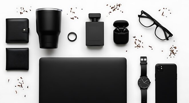 Flat lay of minimalist black personal accessories on white background, Modern business essentials with phone, watch, laptop, and other daily life items