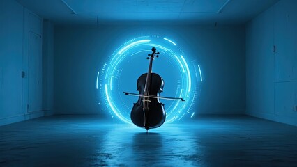 A cello illuminated by a glowing blue circular light in an empty room