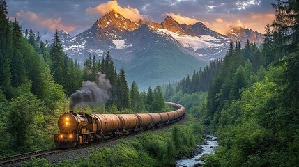 Scenic train journey through the mountains at sunset with lush green forest and majestic peaks