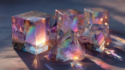 Geometric crystals exhibit iridescent prismatic light and shadow on a reflective surface