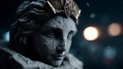 Close up of ancient stone sculpture of a face with golden headpiece and bokeh lights