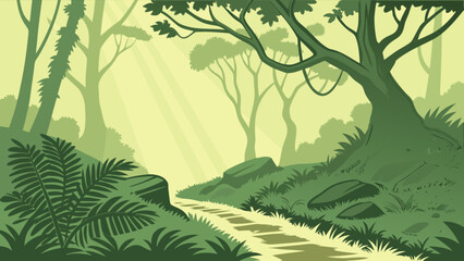 A serene forest path with sunlight streaming through the trees and lush green foliage creating a peaceful scene