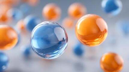 Transparent blue and orange spheres floating against a soft, blurred background, creating a modern and abstract visual effect.