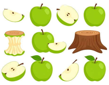 Collection of green apples, slices, and core - Powered by Adobe