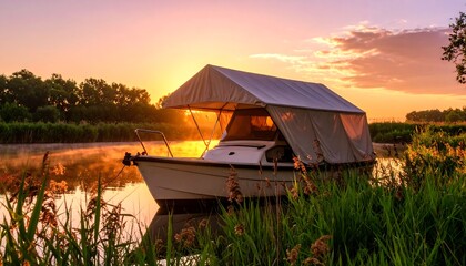 A boat moored at sunrise