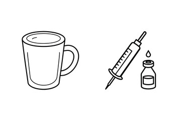 Mug and medical syringe with vial drink beverage
