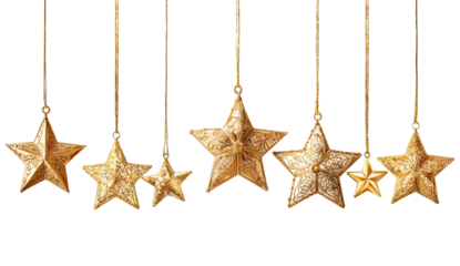 Hanging Golden Christmas Star Ornaments Decoration on Transparent Background