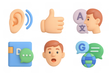 3d communication icons: thumbs up, translation, and more in a modern cartoon style