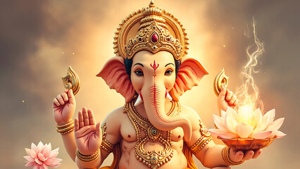 Watercolor Realistic Ganpati Radiant Form in Royal Aura,A Majestic Portrait of Ganpati with Lotus and Lamp, Showcasing Divine Blessings and Spiritual Grace of Ganesh ji.