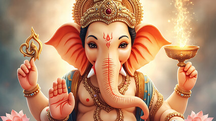 Watercolor Realistic Ganpati Radiant Form in Royal Aura,A Majestic Portrait of Ganpati with Lotus and Lamp, Showcasing Divine Blessings and Spiritual Grace of Ganesh ji.