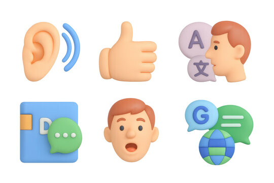 3d communication icons: thumbs up, translation, and more in a modern cartoon style