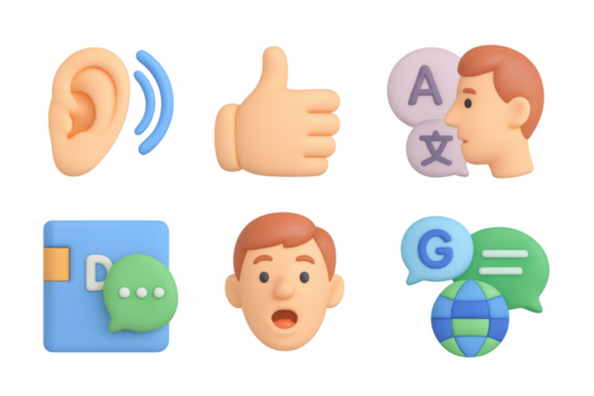 3d communication icons: thumbs up, translation, and more in a modern cartoon style