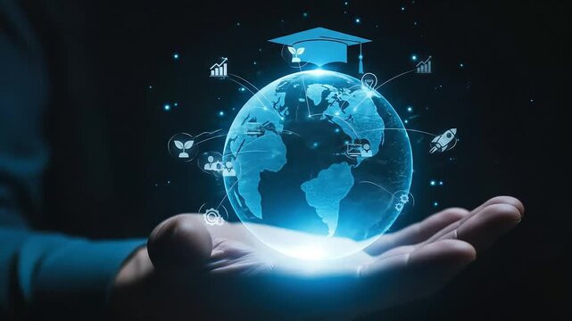 Global Digital Education Network: Hand Holding Glowing Earth Sphere with Learning Icons