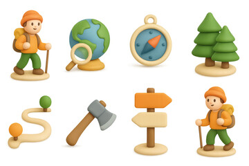 Fototapeta premium Isometric hiking and outdoor adventure icons with explorer theme