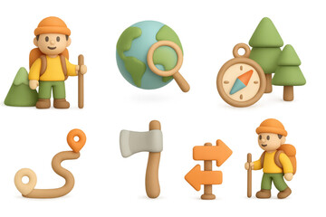 3d hiking adventure: outdoor scenes with hiker, map, compass, and nature elements