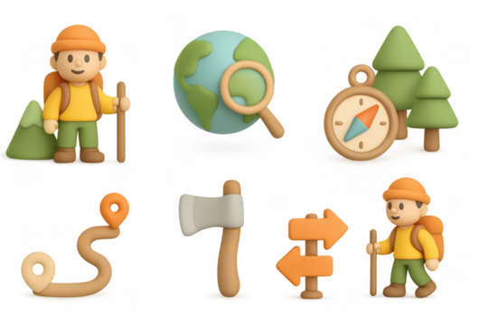 3d hiking adventure: outdoor scenes with hiker, map, compass, and nature elements - Powered by Adobe