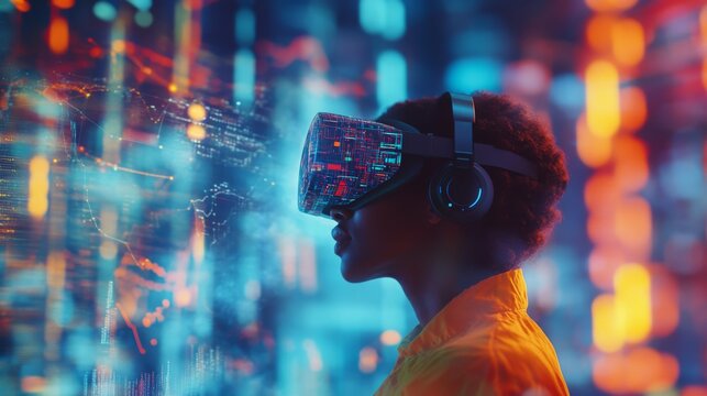 A person is immersed in virtual reality experiencing a digital world filled with vibrant colors and dynamic data. This moment captures the essence of modern technology. Generative AI