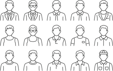 Collection of fifteen different outline style male avatar illustrations