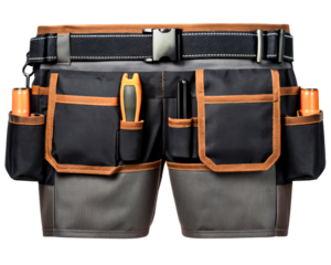 Black and brown utility tool belt with multiple pockets and hand tools on a transparent background
