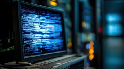 Fototapeta premium Digital Monitor with Code in Server Room – Network Alert