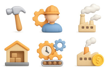 3d construction and industry icons set featuring worker, hammer, gears, factory, and warehouse
