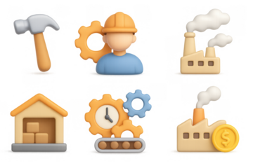 3d construction and industry icons set featuring worker, hammer, gears, factory, and warehouse