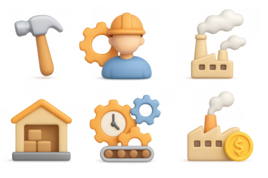 3d construction and industry icons set featuring worker, hammer, gears, factory, and warehouse