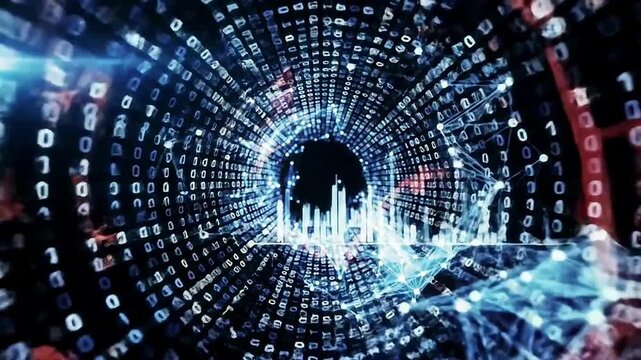 Abstract digital tunnel of binary code with data visualization and network connections