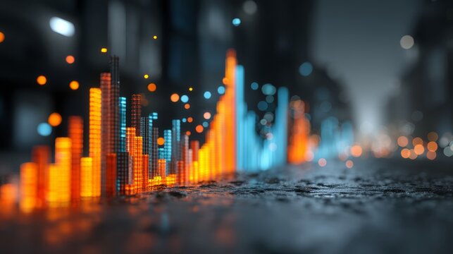 A colorful, digital 3D bar graph visualization glowing with orange and blue lights against a dark, blurred background. - Powered by Adobe