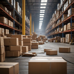Logistics Warehouse Aisle Neatly Arranged with Shelves and Ready-to-Ship Boxes