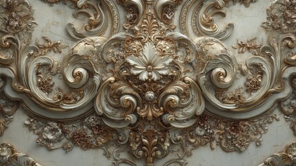 Intricately detailed, ornate floral and scrollwork design in gold and silver tones on a textured surface, showcasing classic baroque-style craftsmanship.