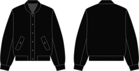 Front and back black bomber jacket flat sketch, technical fashion drawing for outerwear design, vector illustration for clothing design presentation