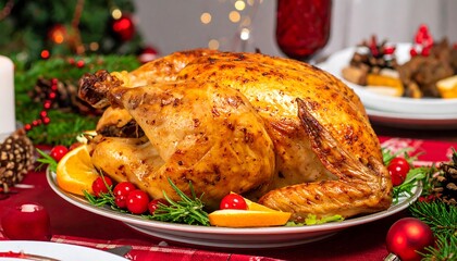 Roasted turkey on holiday table.
