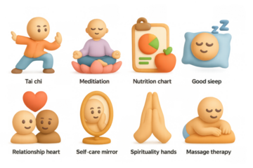 Health and wellness icons: tai chi, meditation, nutrition, sleep, relationships, self-care, spirituality, massage